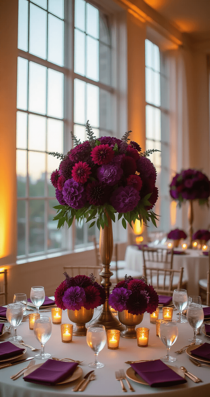 Purple Wedding Flowers: The Only Guide You'll Ever Need to Plan a Stunning Purple Wedding A wide-angle view of an opulent wedding reception ballroom at twilight, featuring round tables with ivory linen, lush floral centerpieces in brass urns, and warm candlelight, captured from an elevated 45-degree angle.