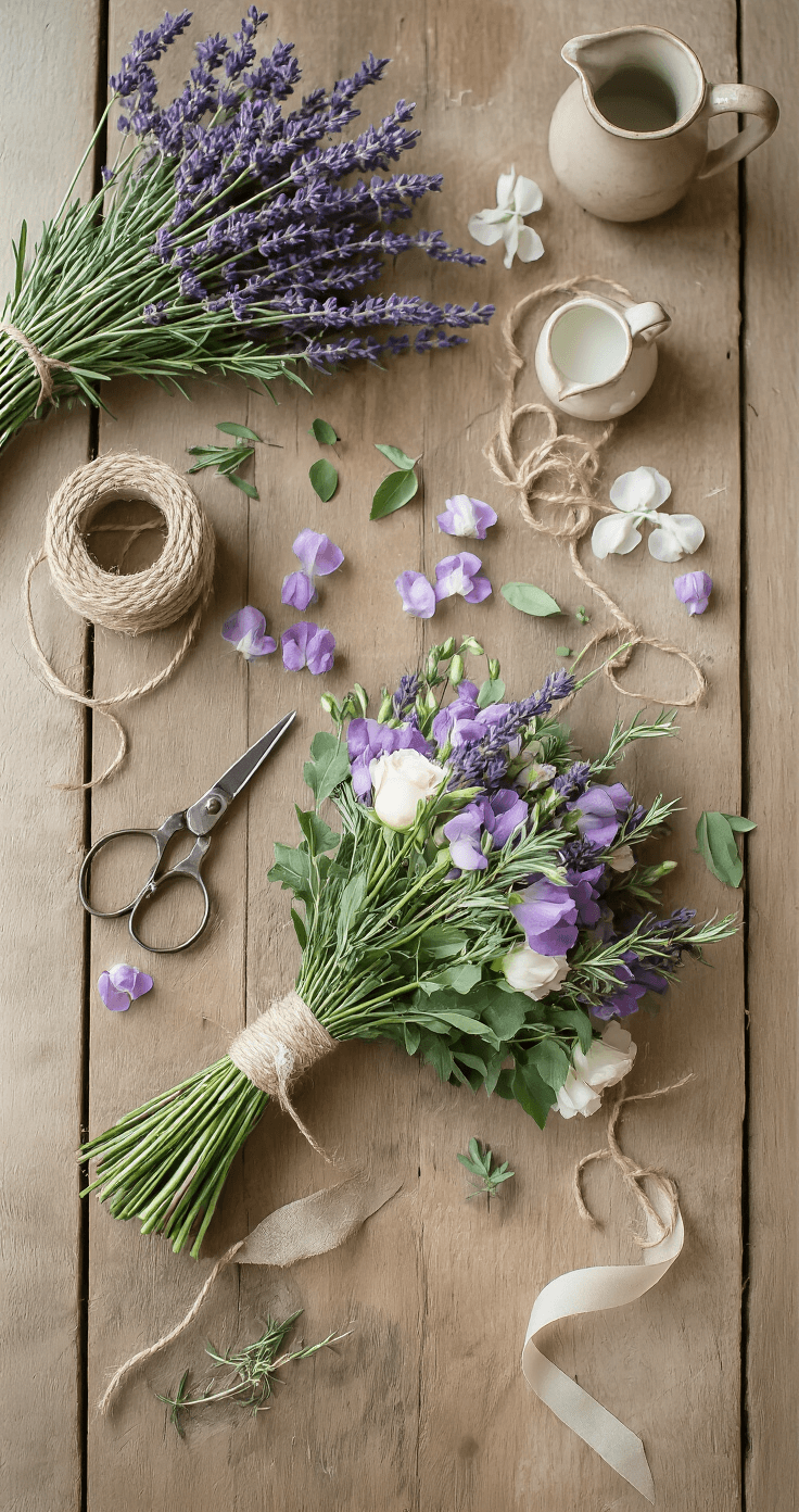 Purple Wedding Flowers: The Only Guide You'll Ever Need to Plan a Stunning Purple Wedding A rustic countryside wedding bouquet arrangement in progress on a reclaimed oak farmhouse table, featuring lavender bundles, sweet pea sprigs, rosemary stems, and dusty miller, with twine ribbon, vintage floral scissors, and a ceramic pitcher of water, all softly illuminated by morning light.