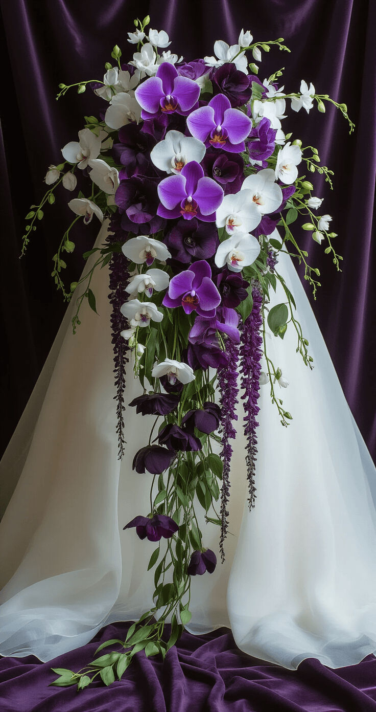 Purple Wedding Flowers: The Only Guide You'll Ever Need to Plan a Stunning Purple Wedding A dramatic bridal bouquet featuring purple Vanda orchids, white Phalaenopsis, trailing wisteria vines, and dark lisianthus, held against a deep charcoal velvet backdrop in a formal dressing suite. The rich colors and sculptural lighting highlight the bouquet's bold, elegant design.