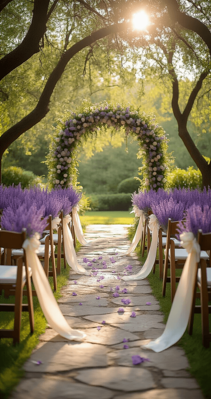 Purple Wedding Flowers: The Only Guide You'll Ever Need to Plan a Stunning Purple Wedding A serene spring garden ceremony scene featuring lavender-dressed aisle chairs tied with fresh flowers and ivory silk ribbons, dappled sunlight filtering through oak trees, leading toward a floral arch, all captured in soft romantic colors.
