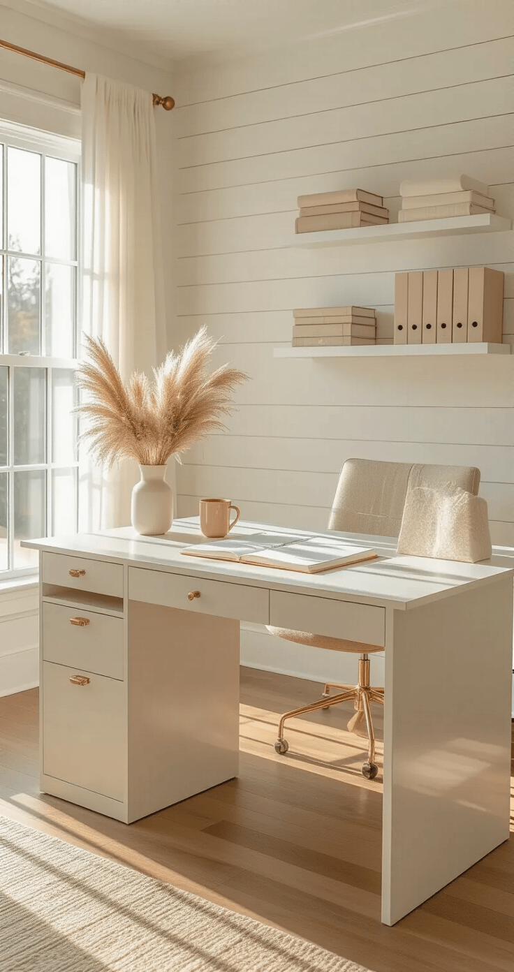 Questions To Ask Your Wedding Photographer Before You Book (The Complete List) A modern home office styled for wedding planning, featuring a sleek white desk with a rose-gold planner and cream invitations, surrounded by white shiplap walls and warm oak floors, illuminated by soft natural light from sheer curtains.