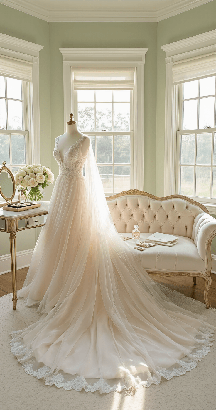 Questions To Ask Your Wedding Photographer Before You Book (The Complete List) A bright bridal suite featuring a tufted ivory velvet chaise lounge with a blush organza wedding gown draped over it, surrounded by soft natural light from oversized windows, antique gold vanity with pearls and silk gloves, and a bouquet of white garden roses against the mirror, evoking an ethereal and intimate atmosphere.