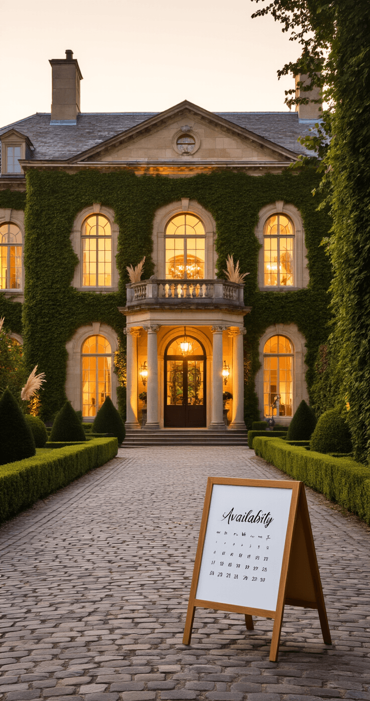 The Only Wedding Venue Checklist You'll Ever Need (100+ Questions to Ask Before You Sign) A low-angle, golden hour shot of an elegant Georgian manor wedding venue, featuring a limestone facade, ivy-covered columns, and glowing arched windows. Cobblestone driveway and manicured boxwood hedges are illuminated in warm champagne and amber tones, with a handwritten availability calendar adorned with pampas grass at the entrance. The scene conveys a romantic and aspirational mood.
