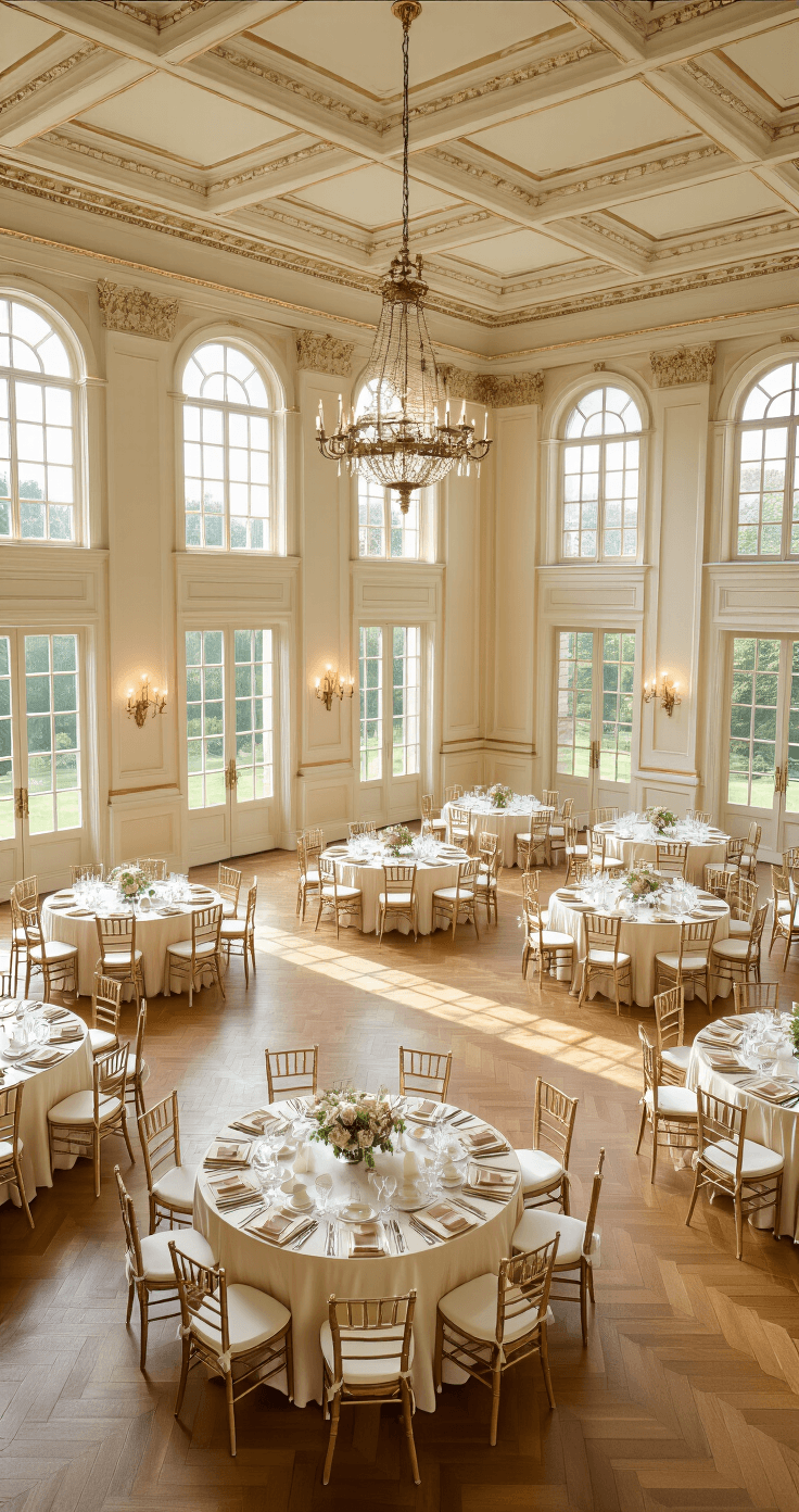 The Only Wedding Venue Checklist You'll Ever Need (100+ Questions to Ask Before You Sign) A grand ballroom reception with coffered ceilings and palladian windows, featuring round tables dressed in ivory and dusty rose linens, surrounded by gilded Chiavari chairs with sage green bows. The space is adorned with towering white floral centerpieces and pendant chandeliers, captured from a mezzanine balcony in warm afternoon light.