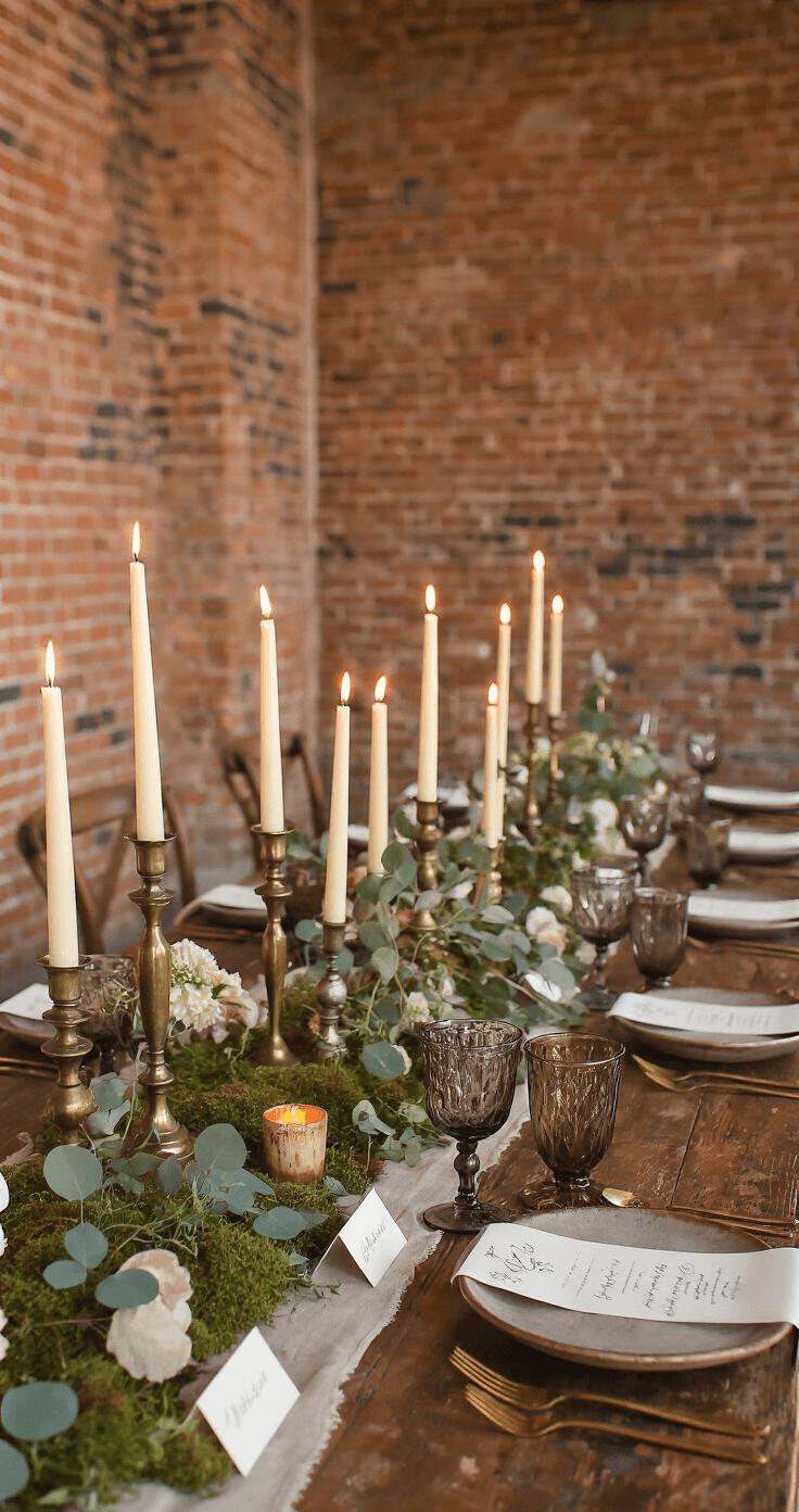The Only Wedding Venue Checklist You'll Ever Need (100+ Questions to Ask Before You Sign) A close-up of a beautifully styled wedding reception tablescape featuring a harvest table adorned with a moss and eucalyptus runner, vintage brass candlesticks with taper candles, and elegant dinnerware, all set against a backdrop of exposed brick walls in warm tones.