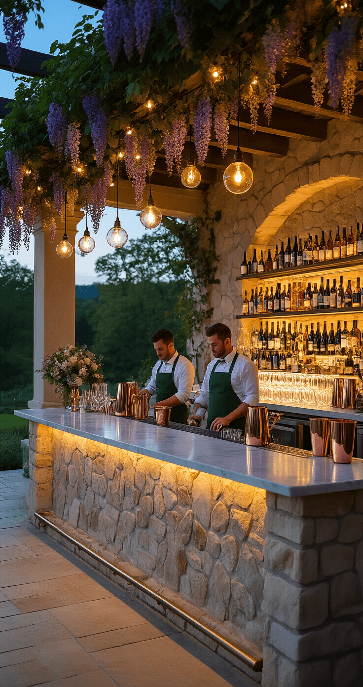 The Only Wedding Venue Checklist You'll Ever Need (100+ Questions to Ask Before You Sign) A beautifully arranged outdoor-to-indoor catering and bar setup at a vineyard wedding venue during twilight, featuring a marble-topped bar with a backdrop of wine bottles, cocktail shakers, and crystal decanters, surrounded by hanging wisteria, string lights, and candlelit ambiance.