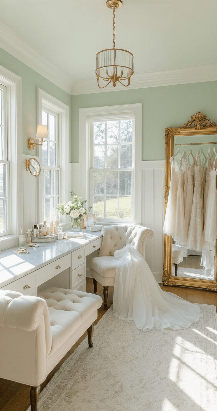 The Only Wedding Venue Checklist You'll Ever Need (100+ Questions to Ask Before You Sign) Bright bridal suite with north-facing windows, white-paneled wainscoting, sage green walls, marble vanity, plush ivory chaise lounge, full-length mirror, garment bags, and tiered dessert stand with strawberries and macarons, adorned with white peonies and garden roses, captured in soft natural light.