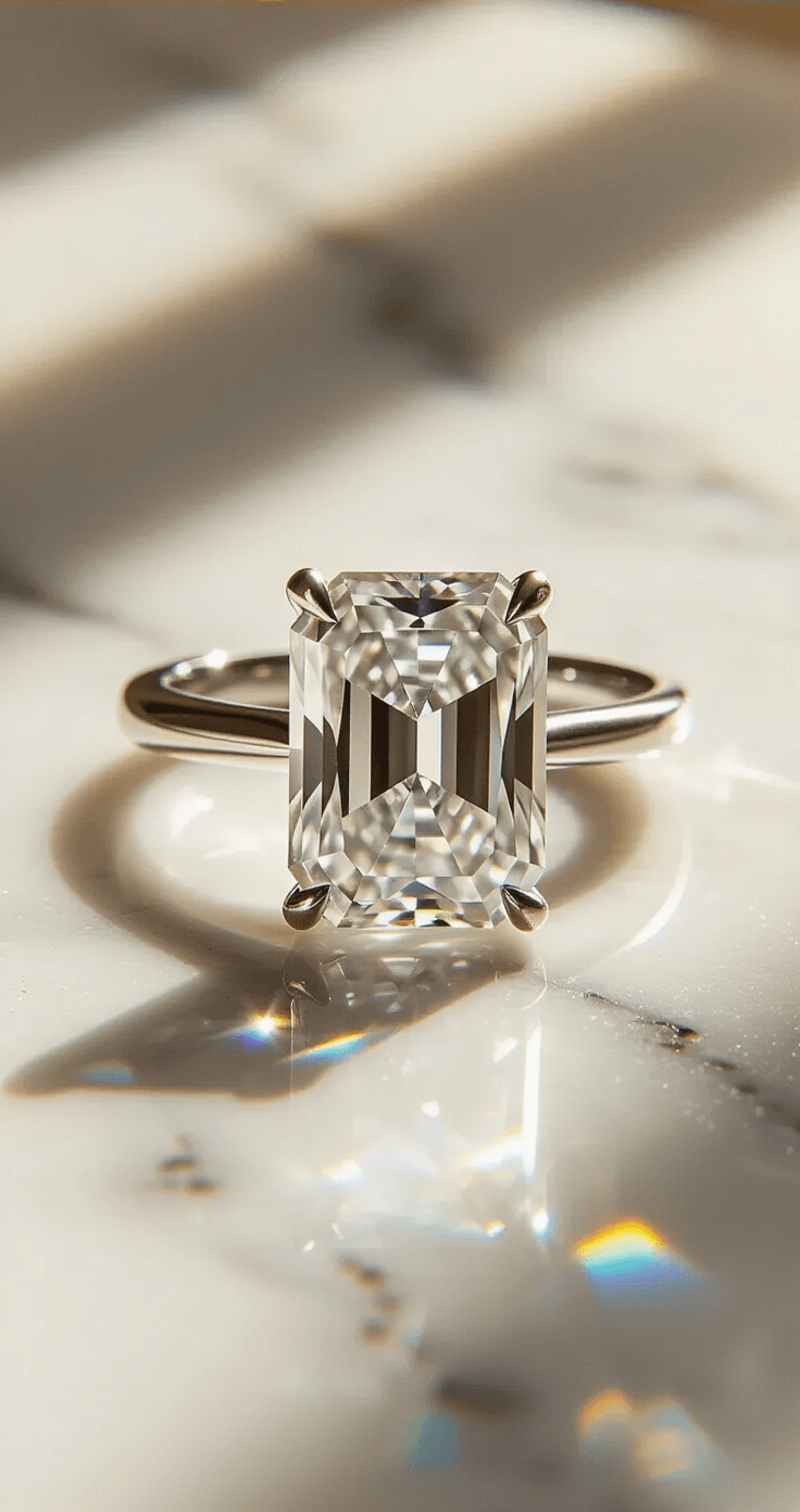 Close-up shot of a radiant cut diamond solitaire engagement ring on a white Carrara marble surface, illuminated by soft directional light from a north-facing window, showcasing prismatic light fragments and the ring's platinum band against a warm ivory gradient background.