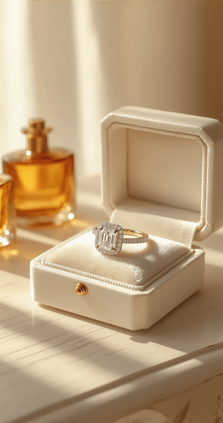 A radiant cut halo engagement ring on a plush ivory velvet ring cushion inside a polished white lacquer jewelry box, illuminated by warm amber sunlight filtering through sheer linen curtains in a softly lit dressing room, with blurred vintage amber glass perfume bottles in the background.