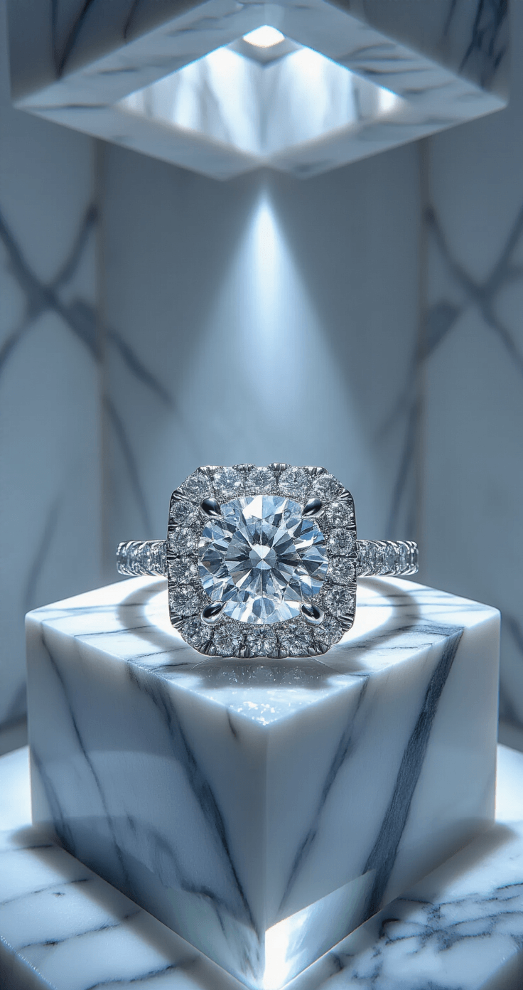 A dramatic photograph of a double geometric halo radiant cut engagement ring on a beveled edge mirror tile in a contemporary marble bathroom at dusk, showcasing Art Deco design with platinum and white diamonds, illuminated by recessed ceiling lighting and creating sharp reflections and shadows.