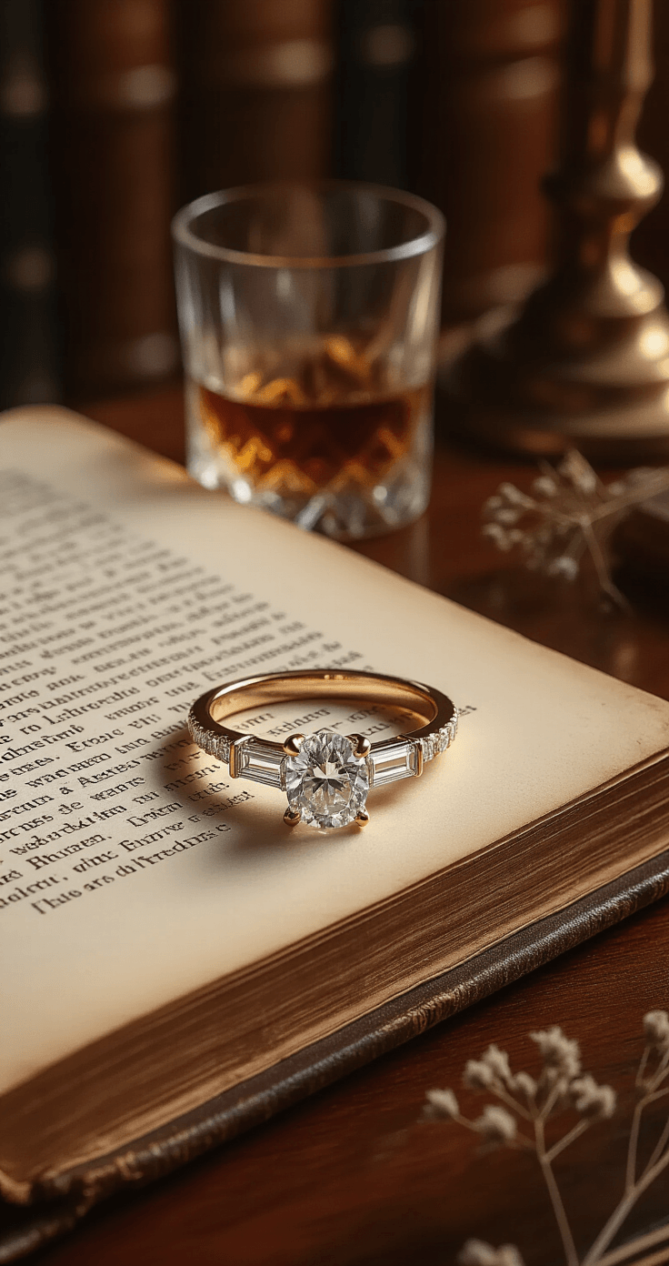 A radiant cut three-stone engagement ring with tapered baguette side stones rests on an open antique leather-bound book in a warmly lit library, illuminated by amber lamplight. The elegant ring contrasts against the book's aged cream pages and dark mahogany desk, with a crystal whiskey glass and dried botanical sprig softly blurred in the background.