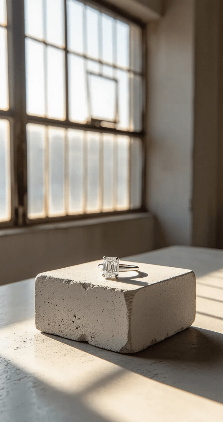A radiant cut engagement ring in a sleek half-bezel setting rests horizontally on a raw concrete pedestal, bathed in soft mid-morning light from oversized factory windows, showcasing its modern design and elegant geometry.