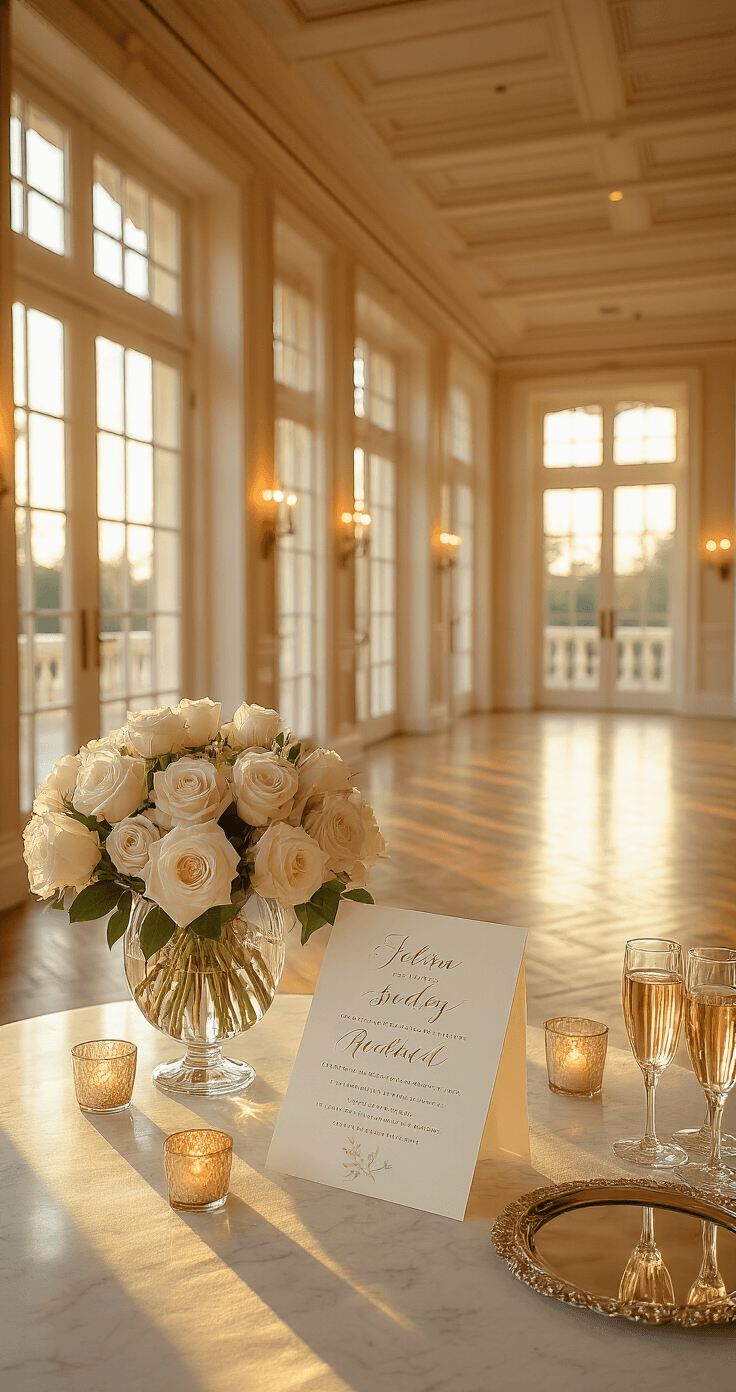 Reception-Only Invitation Wording: Every Style, Template, and Tip You Actually Need A warm and intimate wedding reception venue with golden hour light streaming through French doors, showcasing coffered ceilings, herringbone floors, and a marble welcome table adorned with calligraphy invitations and white roses, all captured in a soft focus.