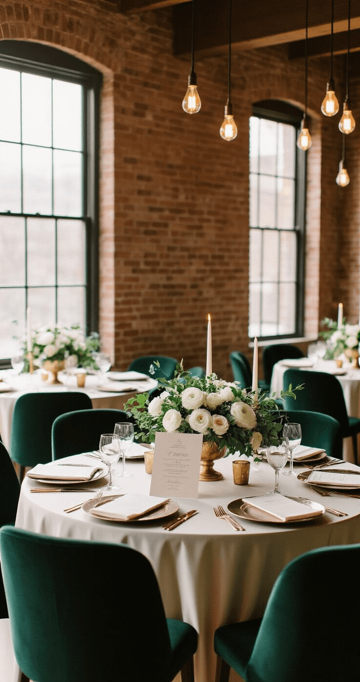 Reception-Only Invitation Wording: Every Style, Template, and Tip You Actually Need A sophisticated semi-formal dining reception room with exposed brick walls, dark walnut tables draped in ivory charmeuse, lush white ranunculus centerpieces, and deep forest green velvet chairs, illuminated by warm amber light from Edison bulb chandeliers.