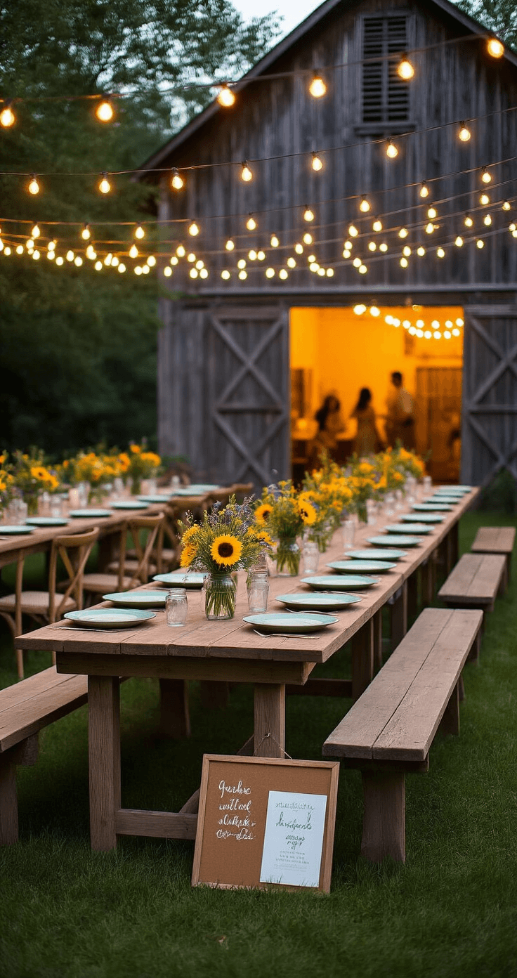 Reception-Only Invitation Wording: Every Style, Template, and Tip You Actually Need A cozy backyard reception at dusk, featuring farmhouse tables under warm white string lights, mismatched vintage dishware, mason jar wildflower arrangements, painted wooden benches, and a golden-lit barn door in the background, all evoking a joyful and relaxed atmosphere.