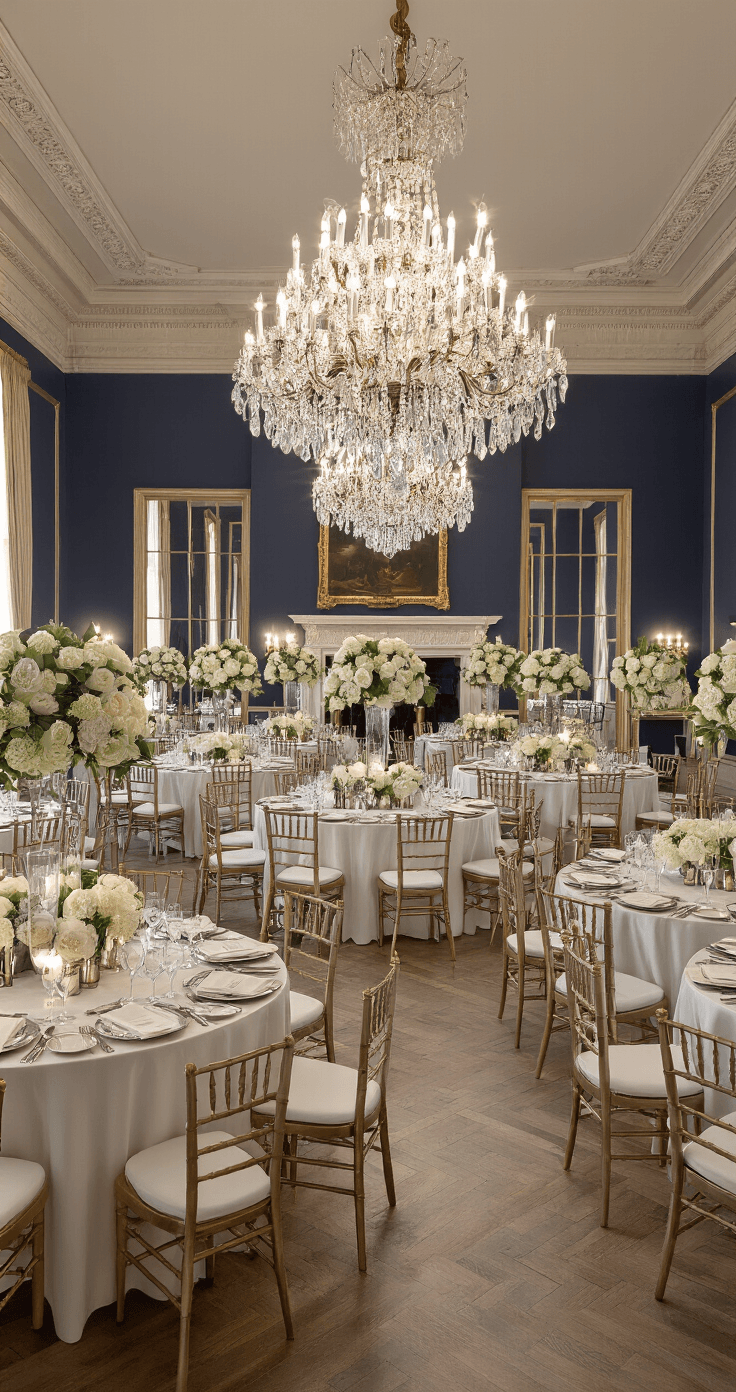 Reception-Only Invitation Wording: Every Style, Template, and Tip You Actually Need A wide shot of a formal evening wedding reception in a Georgian-style hall, featuring deep navy wainscoted walls, an ornate chandelier, round tables with white satin tablecloths and floral centerpieces of white peonies, and candlelight from silver candelabras.