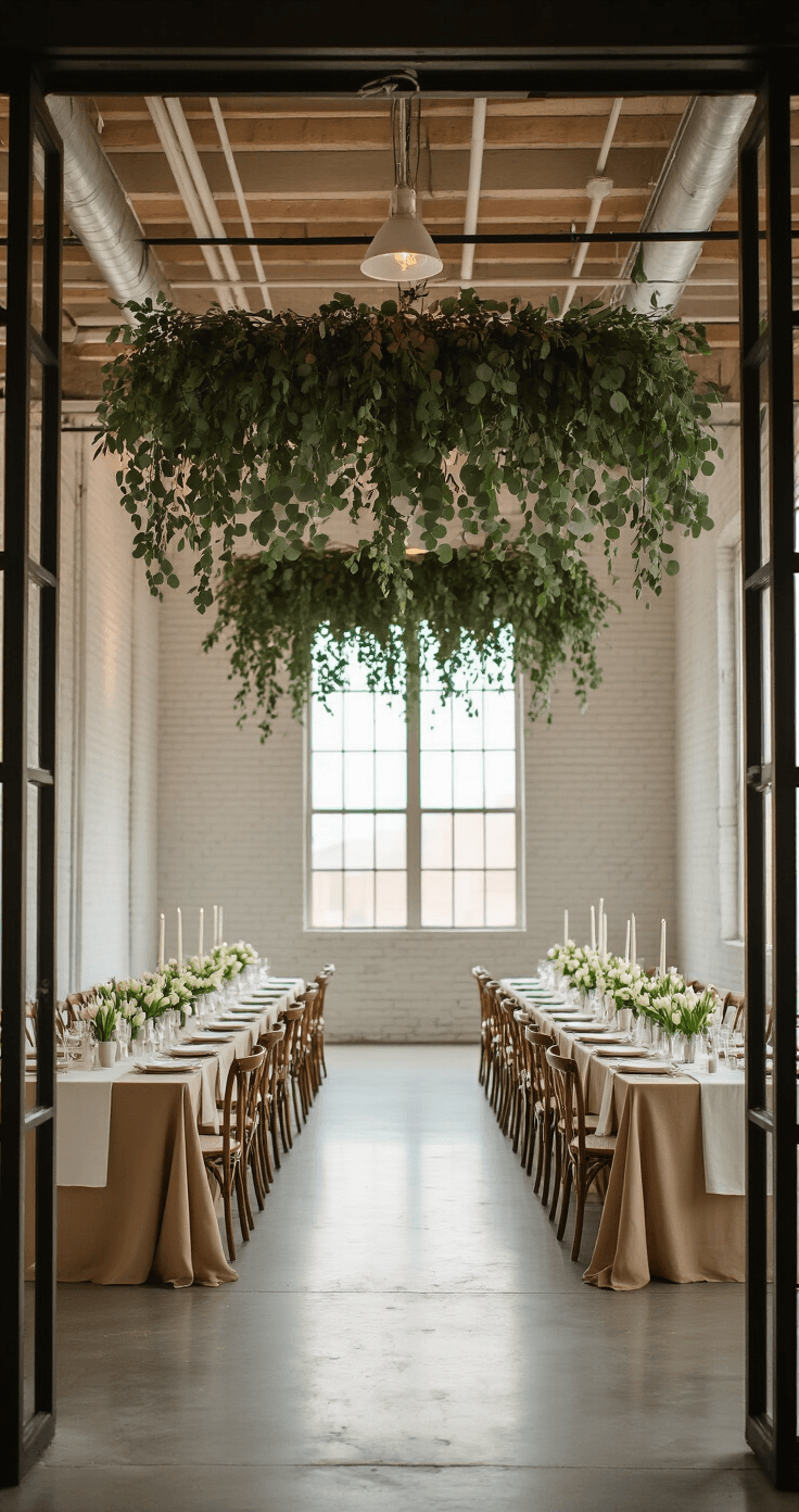 Reception-Only Invitation Wording: Every Style, Template, and Tip You Actually Need A bright indoor reception hall in a converted warehouse, featuring whitewashed brick walls, polished concrete floors, and industrial ceilings. The space is set with long tables adorned with oatmeal linen runners, clusters of pillar candles, and white tulips in bud vases, illuminated by natural light from skylights. A printed invitation on textured vellum rests on a table setting.