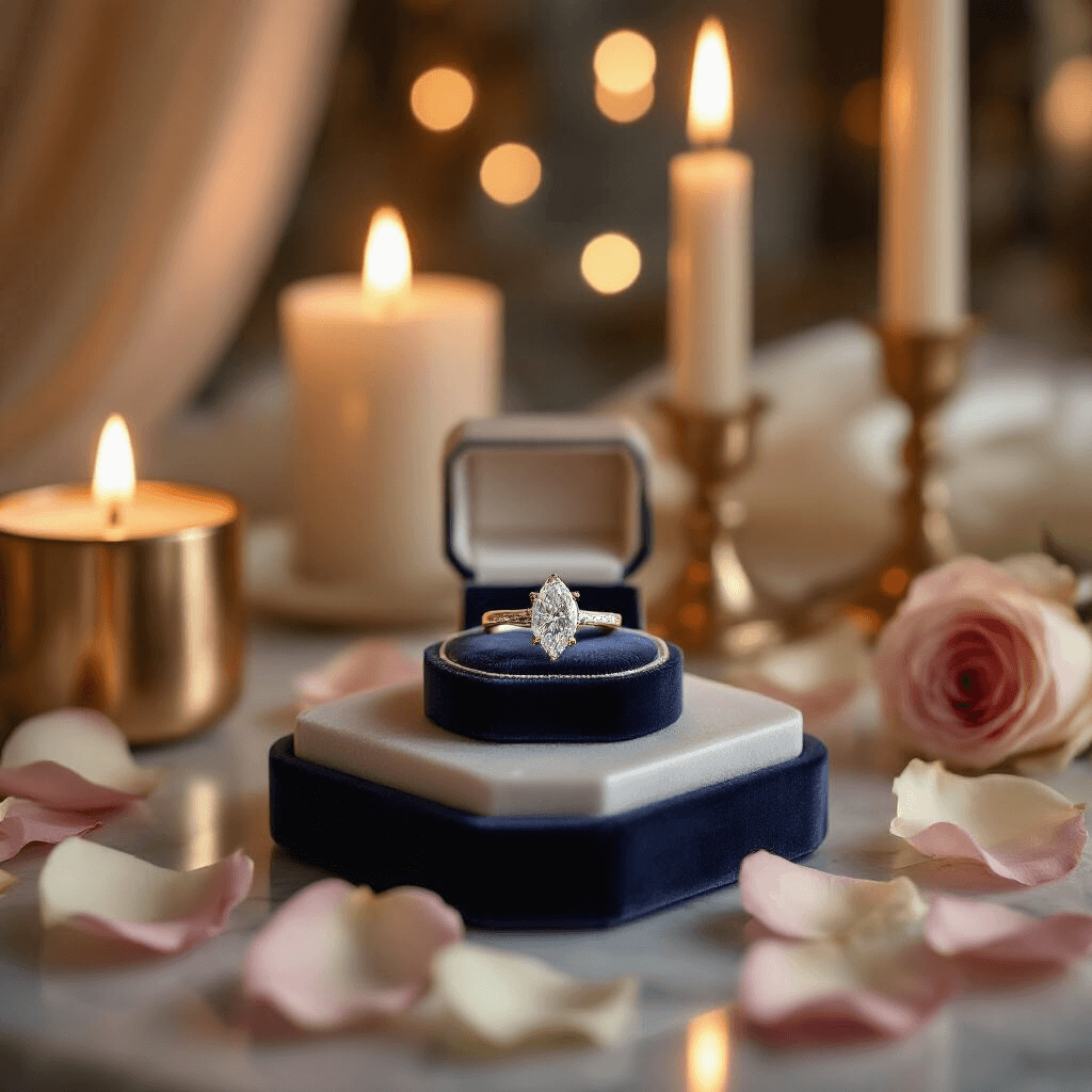 A close-up shot of a luxurious engagement ring on a velvet cushion, surrounded by rose petals and candlelight, in an intimate boutique showroom with a bokeh background.