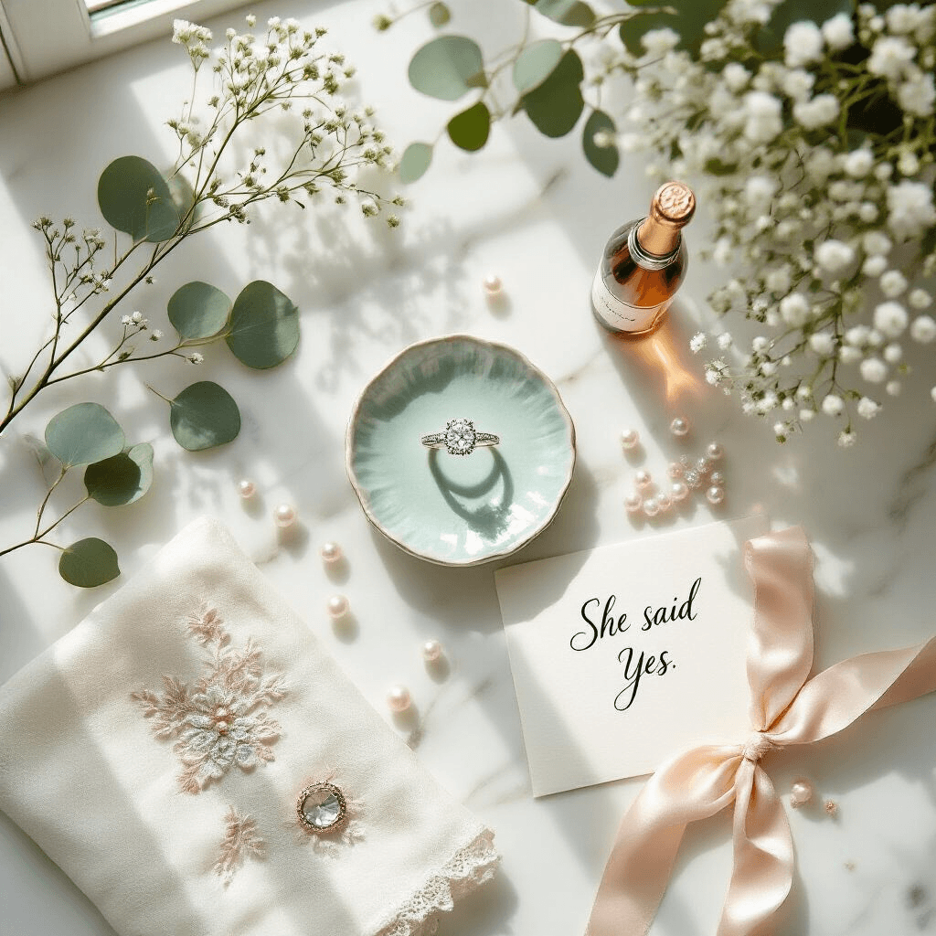 A wide-angle overhead flat lay photograph of a marquise halo engagement ring surrounded by a ceramic dish with a diamond loupe, scattered seed pearls, an ivory linen cloth with embroidered edges, sprigs of eucalyptus and baby's breath, a tiny champagne bottle with a blush ribbon, and a handwritten card reading 'She said yes,' on a cool-toned white marble surface in soft morning light. Color palette includes white, platinum silver, sage green, and blush, evoking a fresh and elegant mood.