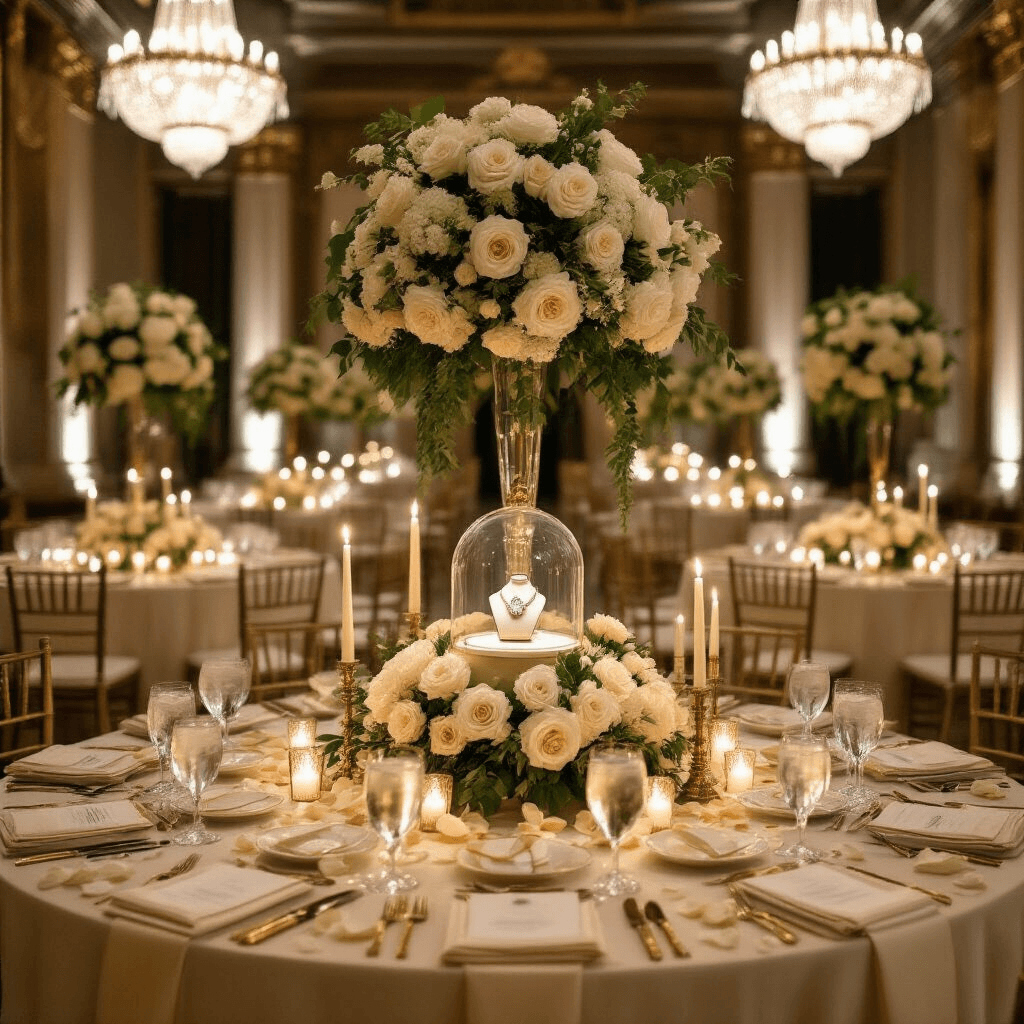 Cinematic wide-angle view of a grand Art Deco ballroom illuminated by crystal chandeliers, featuring long rectangular tables dressed in deep ivory silk and gold runners, adorned with oversized floral centerpieces and vintage-inspired diamond rings under glass domes, with guests in eveningwear mingling softly in the blurred background.