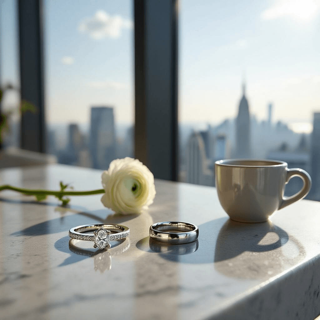Close-up detail of a minimalist jewelry arrangement on a concrete countertop in a sunlit modern apartment, featuring a platinum marquise engagement ring and wedding band on grey-veined white marble, with a diagonal stem of white ranunculus and a soft-focus ceramic espresso cup, conveying a sleek and luxe atmosphere.