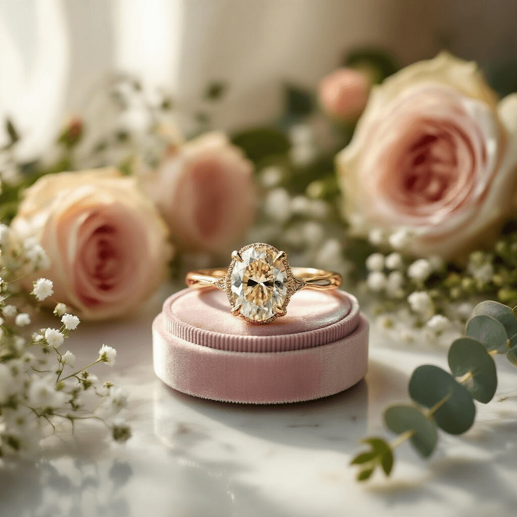 Unique Engagement Rings: How to Find or Design One That Actually Feels Like *You* Close-up of a custom engagement ring with an oval champagne diamond on a textured yellow gold band, surrounded by blush garden roses, baby's breath, and eucalyptus, on a white marble countertop. Soft morning light illuminates the scene, with a dusty rose velvet ring box blurred in the background.