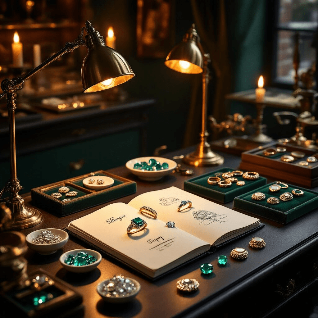Unique Engagement Rings: How to Find or Design One That Actually Feels Like *You* Aerial view of an elegant jeweler's design studio featuring a dark walnut work table with an open sketchbook, loose teal sapphires and white diamonds, and polished gold band samples, surrounded by antique brass lamps casting warm light; the atmosphere is sophisticated with velvet-lined trays showcasing Art Deco inspired settings against dark green walls and exposed brick.