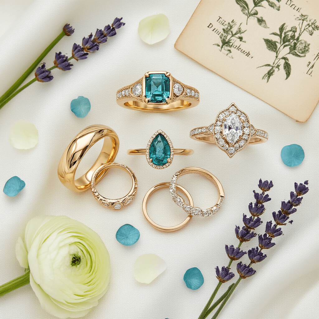 Unique Engagement Rings: How to Find or Design One That Actually Feels Like *You* A flat-lay photography composition on a white silk linen surface featuring five distinct engagement rings in an arc, surrounded by loose pastel sapphires, white ranunculus petals, dried lavender sprigs, botanical illustrations, and a gold pen, all illuminated by soft natural light.