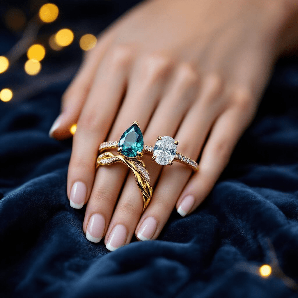 Unique Engagement Rings: How to Find or Design One That Actually Feels Like *You* A close-up of two hands gently holding a Toi et Moi engagement ring featuring a teal sapphire pear cut and a white diamond on a twisted yellow gold band, resting on dark midnight blue velvet, with soft golden bokeh lights in the background.