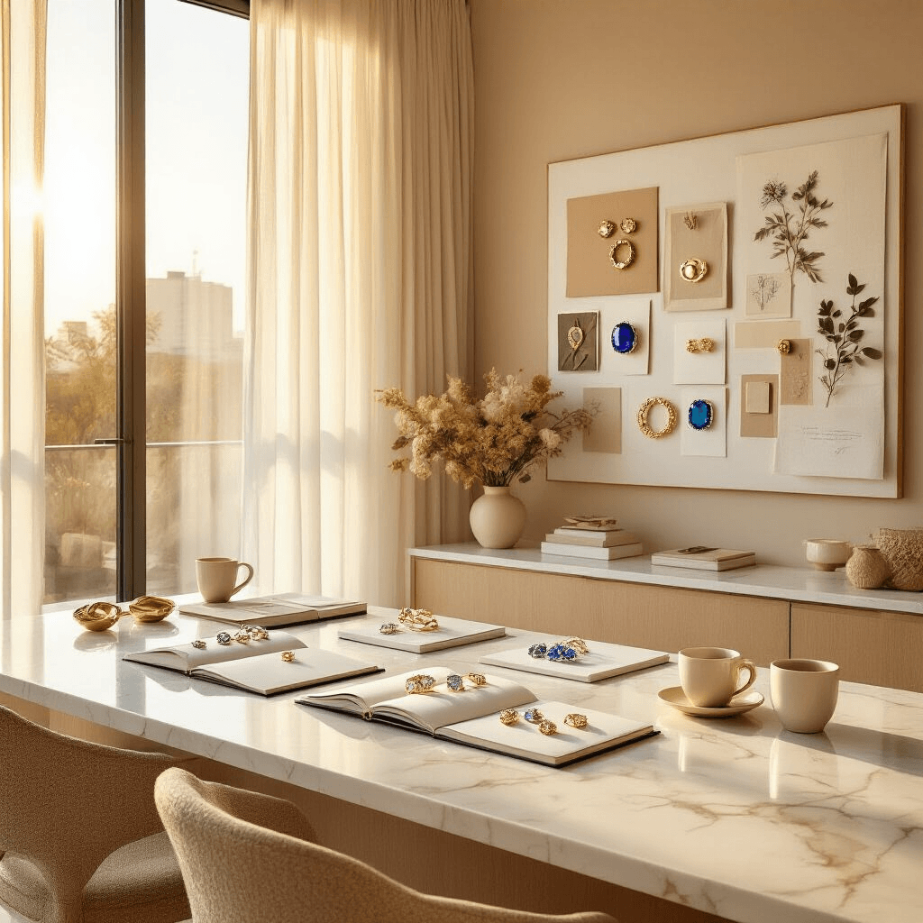 Unique Engagement Rings: How to Find or Design One That Actually Feels Like *You* A sun-drenched modern apartment design studio filled with warm amber light, showcasing a white marble island arranged with engagement ring reference materials, gemstone sample books, and polished ring band samples. A mood board adorned with inspiration imagery and fabric swatches decorates the wall, alongside two ceramic espresso cups on the counter, all highlighted by brass fixtures and warm parquet flooring.