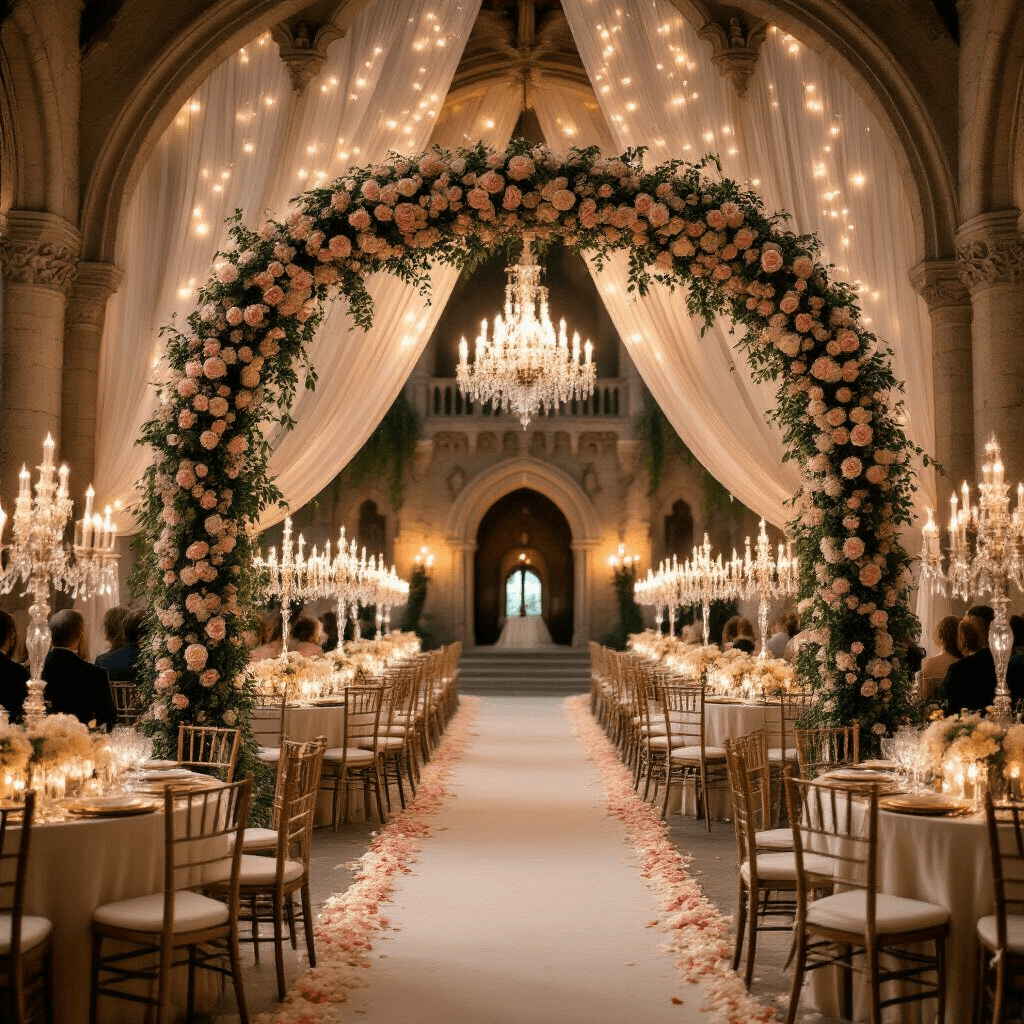 Dream Wedding Inspiration: 6 Stunning Themes to Help You Find Your Perfect Vibe Wide-angle view of a grand fairytale ballroom set for a ceremony, featuring ornate stone archways draped in floral arrangements, a petal-strewn aisle, tall crystal candelabras, and towering floral centerpieces, all illuminated by warm fairy lights and amber uplighting, creating a deeply romantic and magical atmosphere.