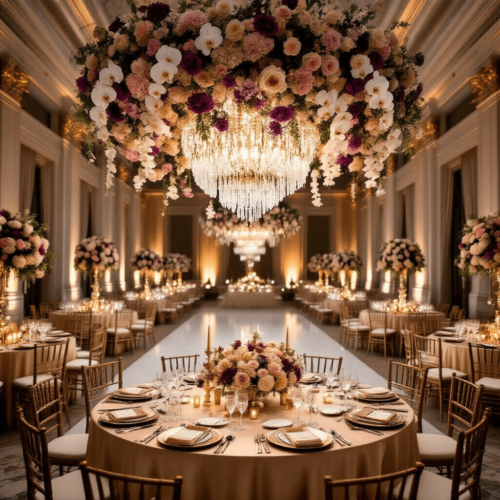 Dream Wedding Inspiration: 6 Stunning Themes to Help You Find Your Perfect Vibe Opulent ballroom reception with soaring ceilings adorned by a floral chandelier, featuring champagne-colored tables with tall centerpieces of white orchids and jewel-toned flowers, illuminated by warm candlelight and amber pin-spot lighting, evoking old Hollywood glamour.
