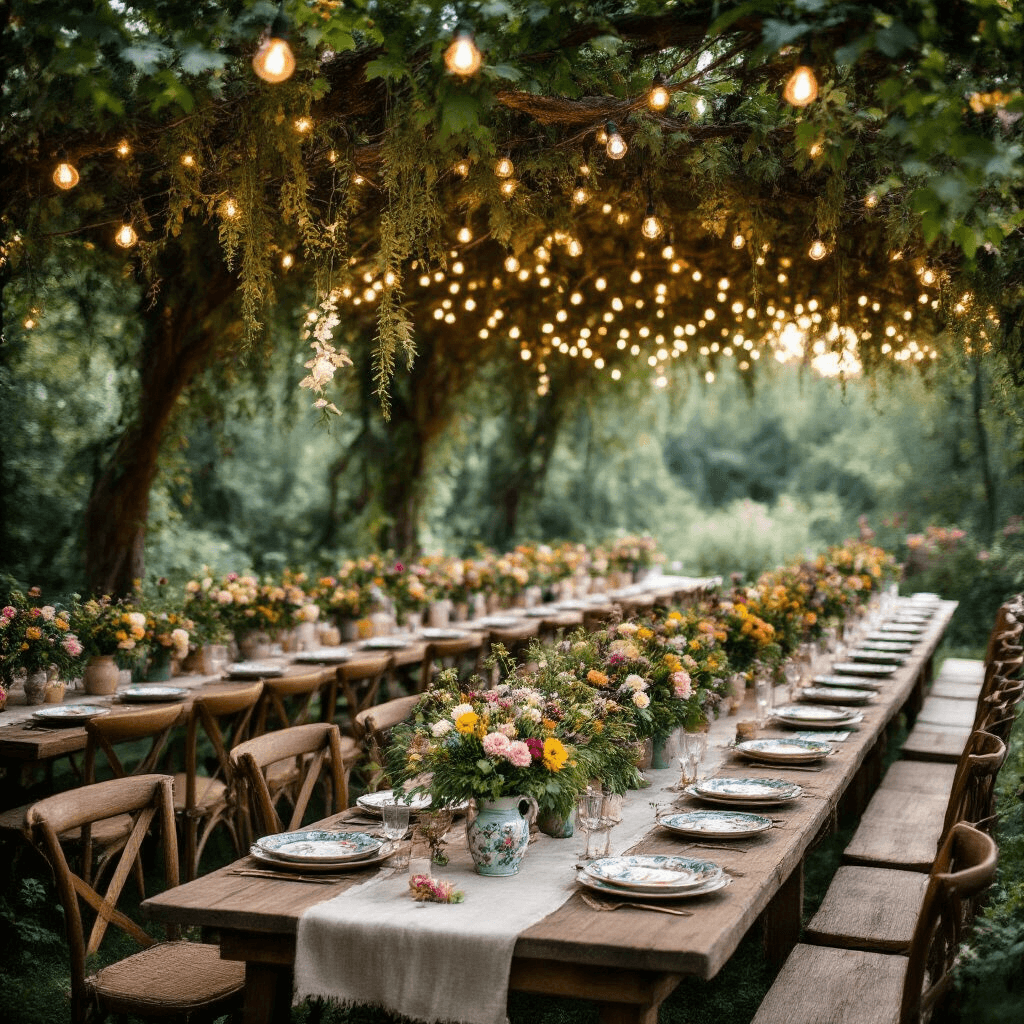 Dream Wedding Inspiration: 6 Stunning Themes to Help You Find Your Perfect Vibe Cinematic wide-angle shot of an enchanted garden wedding reception in a forest clearing, featuring rustic wooden banquet tables adorned with mismatched vintage china, wildflower centerpieces, and soft golden fairy lights illuminating the whimsical, romantic atmosphere.