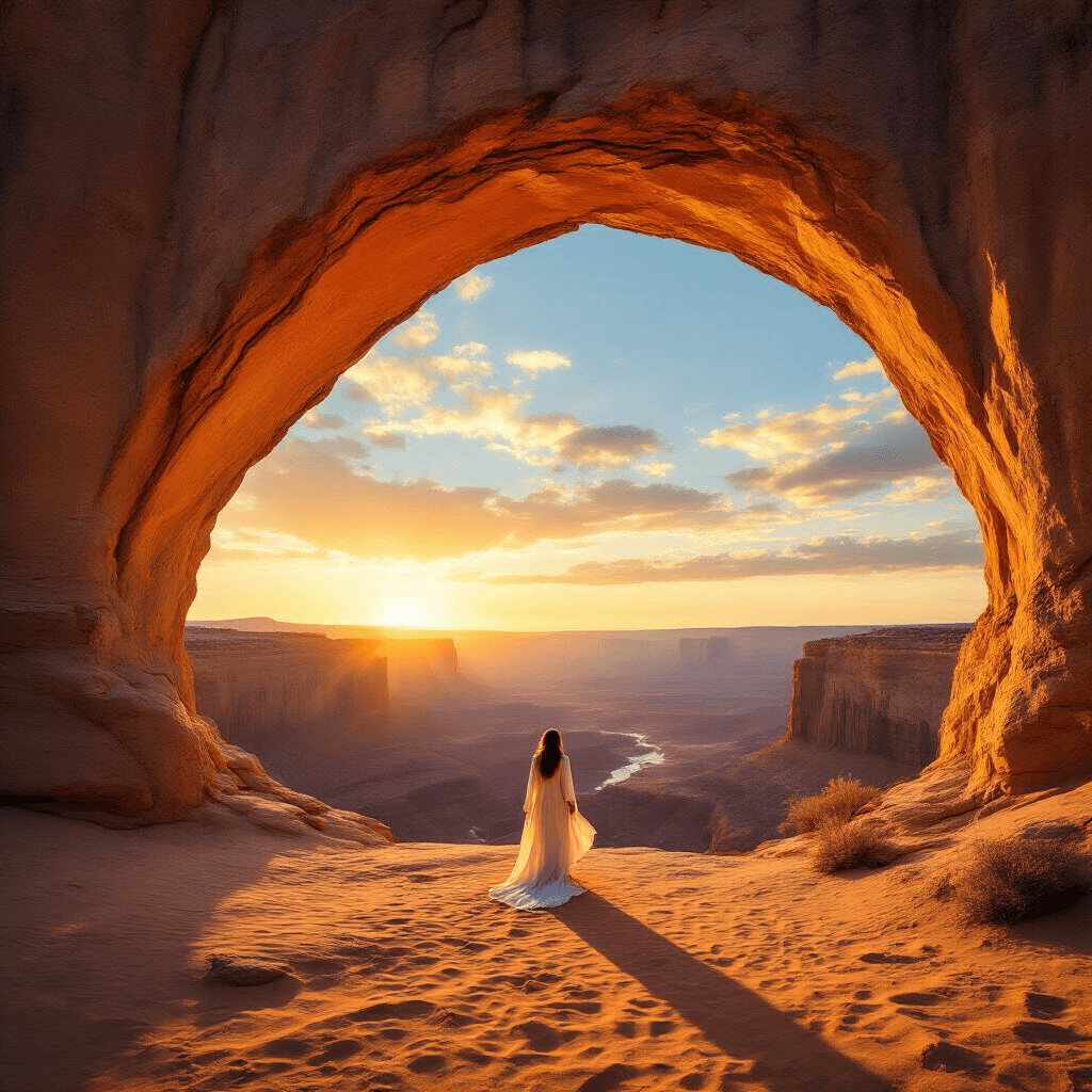 What Is an Arch Pic? The Complete Guide to Every Meaning (And How to Nail Each One) A wide-angle shot of a sunlit sandstone arch in a desert landscape, with a solitary figure in ivory linen standing silhouetted against a canyon backdrop, surrounded by warm amber and terracotta hues during golden hour.