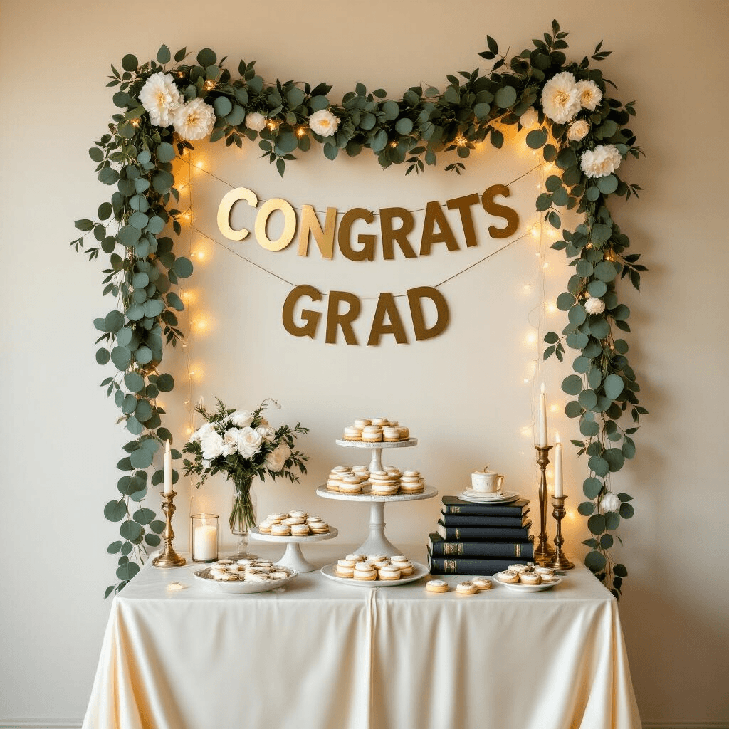 Elegant indoor graduation party backdrop with a 'Congrats Grad' letter garland in gold, flanked by eucalyptus and ivory florals lit by warm fairy lights. A marble dessert table features a tiered cake, diploma cookies, and black and gold books, draped in cream silk. Tall candleholders provide soft, warm lighting against a soft ivory wall during golden hour.