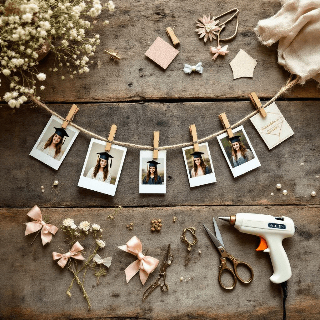 A whimsical DIY graduation photo garland consisting of wallet-sized photos clipped onto jute twine with brass clothespins, surrounded by glitter cardstock caps, pastel bows, and dried florals, arranged on a rustic wood table in soft morning light, with crafting tools nearby.