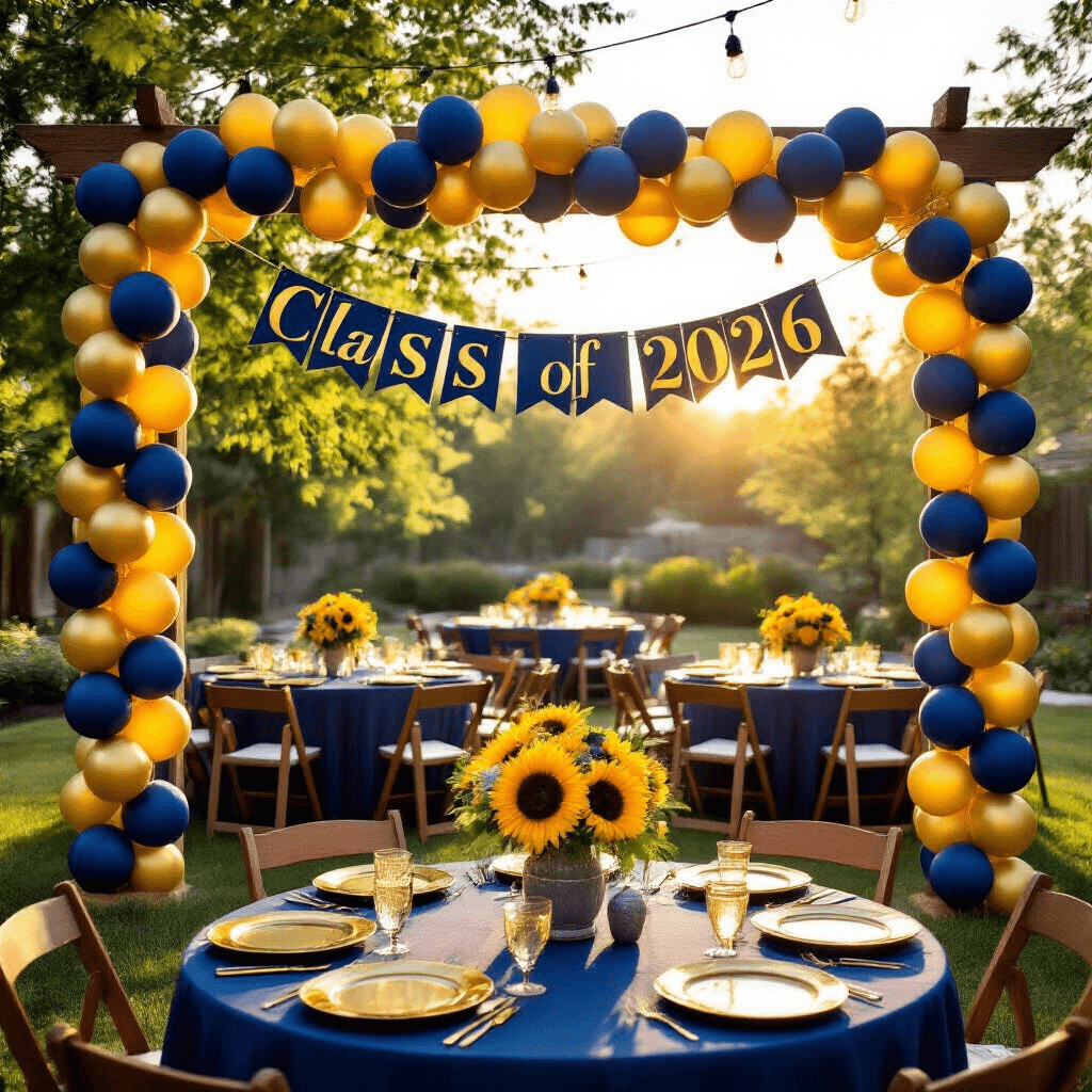 A vibrant backyard graduation party setup at golden hour, featuring a wooden arch with a 'Class of 2026' banner, navy and gold balloon garlands, round tables with navy linens and gold accents, and fresh florals, all bathed in warm sunlight and shadows.