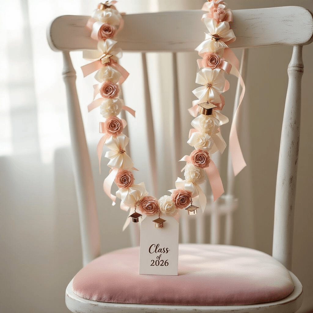 Close-up of a handcrafted satin ribbon lei graduation garland draped over a whitewashed wooden chair, featuring ivory and rose gold ribbons, small satin rosettes, glitter-dusted graduation cap charms, and a 'Class of 2026' gift tag, with soft afternoon light creating a delicate, elegant mood.