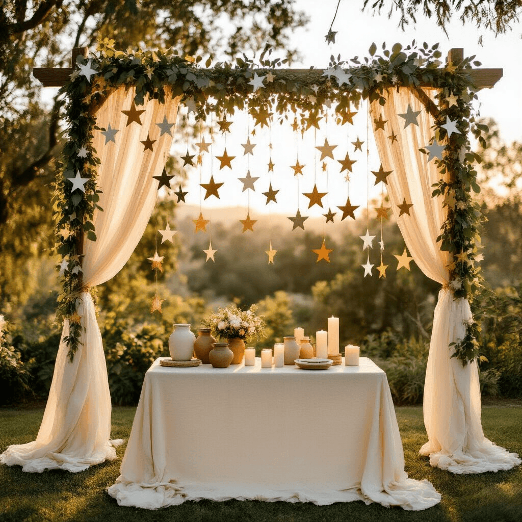 DIY Star Garland: 5 Easy Ways to Make One That Actually Looks Good Wide-angle shot of a sunlit boho wedding arch adorned with white and gold star garlands, set in a botanical garden during golden hour, featuring soft eucalyptus, sheer ivory drapery, and a romantic sweetheart table with silk linens and mismatched ceramic vessels, surrounded by fresh blush and dusty white florals, all against a backdrop of warm golden bokeh.