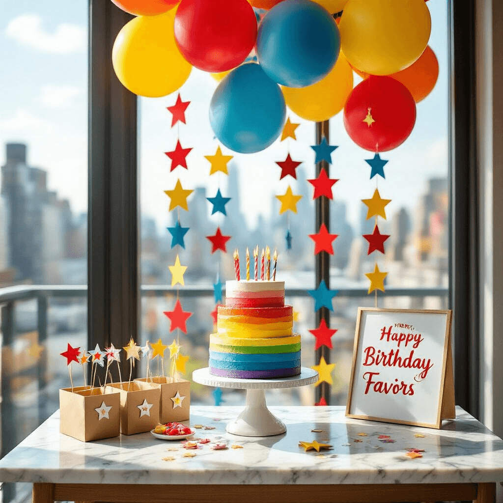 DIY Star Garland: 5 Easy Ways to Make One That Actually Looks Good A vibrant birthday dessert table featuring a tiered rainbow cake on a marble countertop, surrounded by colorful paper star garlands, balloon bundles in red, blue, and yellow, and mini party favors. Midday sunlight filters through floor-to-ceiling windows, enhancing the festive atmosphere.