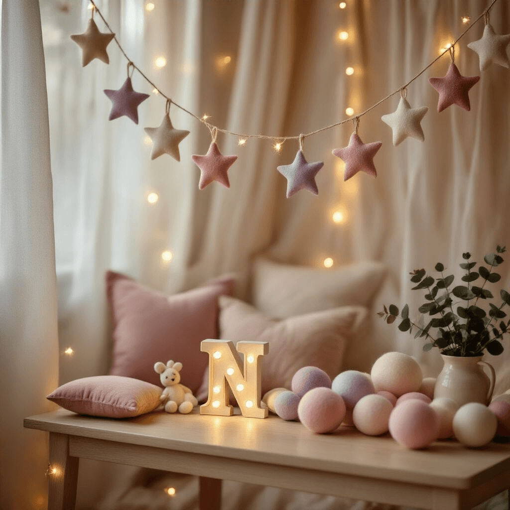 DIY Star Garland: 5 Easy Ways to Make One That Actually Looks Good Close-up of a nursery gift table adorned with DIY felt star garlands in cream, dusty pink, and soft lavender, softly lit by fairy lights in a cozy bedroom. The table features velvet blush cushions, pastel balloon clusters, and a ceramic letter initial, with sheer white curtains creating a dreamy backdrop.