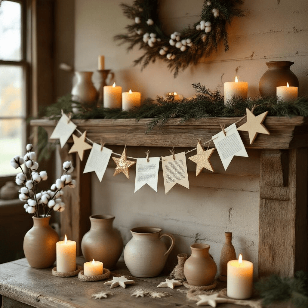 DIY Star Garland: 5 Easy Ways to Make One That Actually Looks Good A cozy farmhouse living room mantel adorned with asymmetrical DIY book page and kraft paper star garlands in cream and warm ivory, mini clay stars reflecting candlelight, and vintage vessels with dried cotton and fir, all under a warm amber glow.
