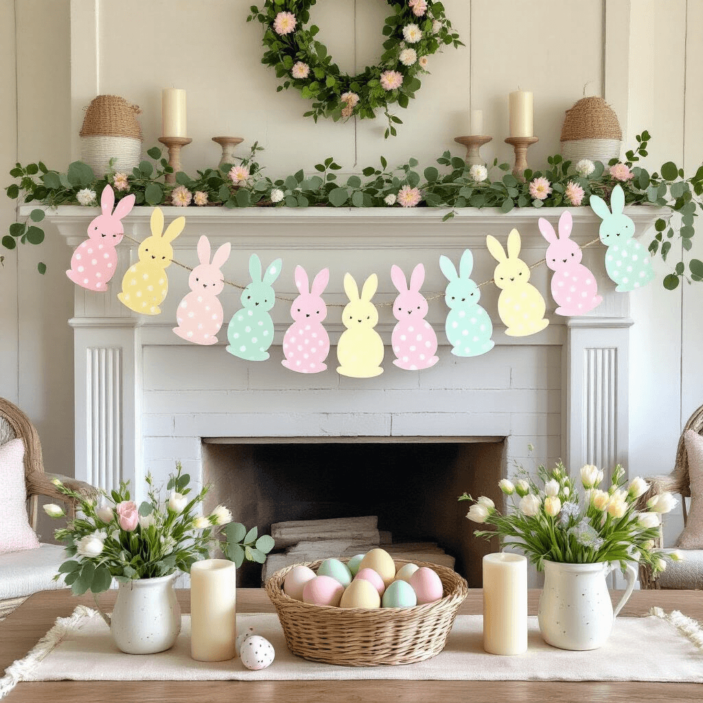 DIY Easter Garland: How To Make Cute Bunny, Egg, and Yarn Garlands At Home A sunlit farmhouse living room styled for Easter brunch, featuring a whitewashed wooden mantel with a pastel paper bunny garland, cream pillar candles, speckled Easter eggs, and fresh eucalyptus, all bathed in warm golden light.