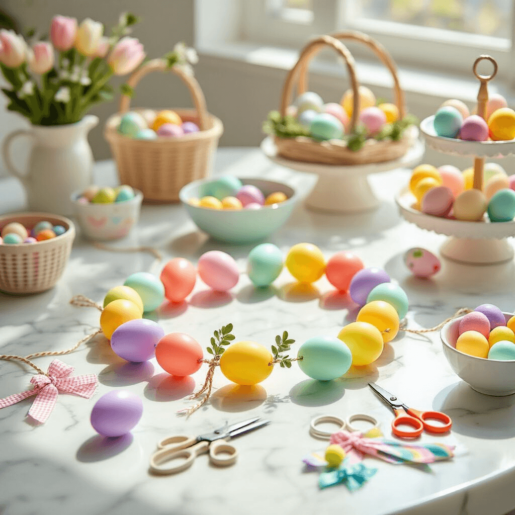 DIY Easter Garland: How To Make Cute Bunny, Egg, and Yarn Garlands At Home A vibrant overhead view of a children's Easter party craft table in a bright modern apartment, featuring pastel plastic eggs in various colors mid-assembly into a garland, surrounded by craft supplies, pastel pom-poms, and tiered Easter basket displays, capturing a playful and festive atmosphere.