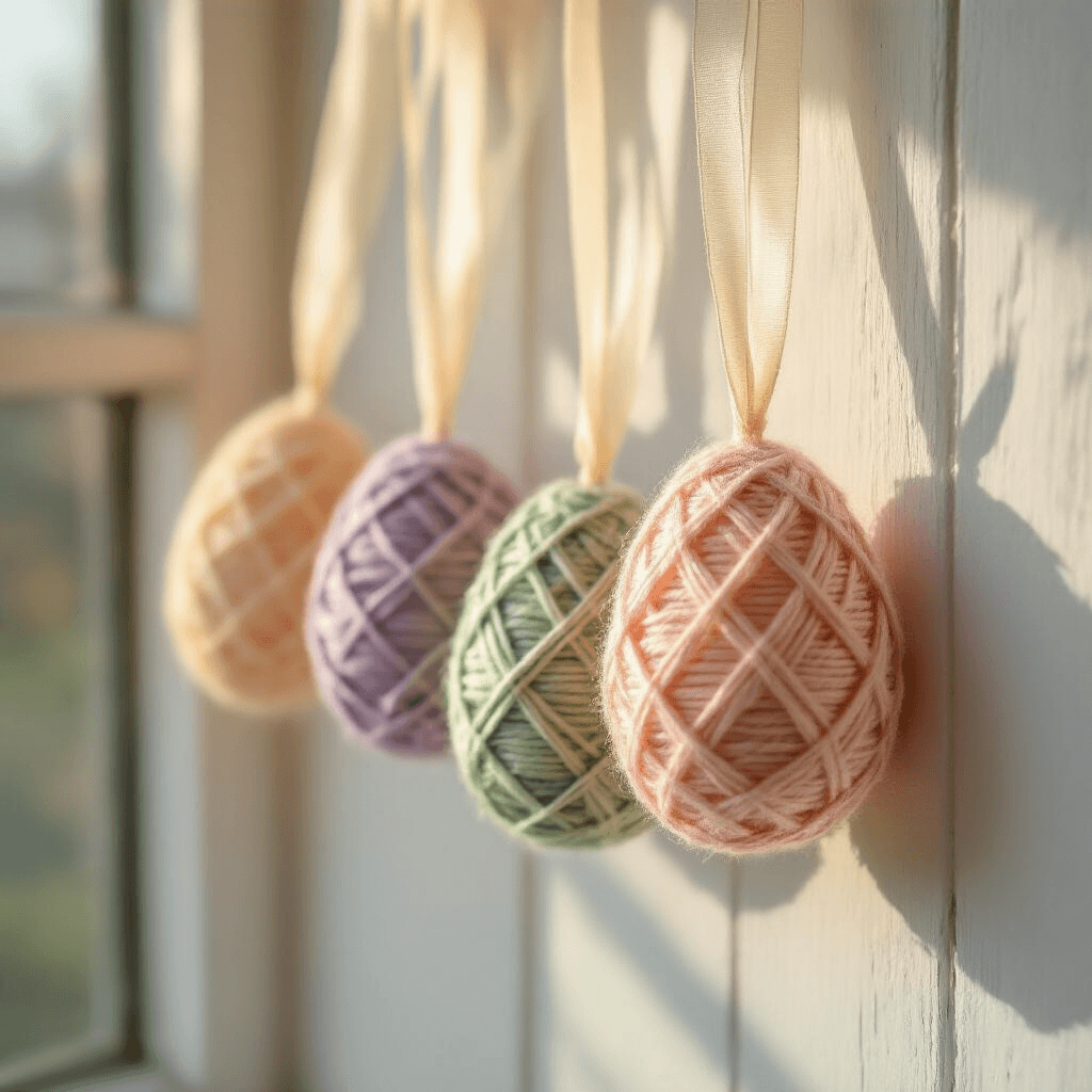 DIY Easter Garland: How To Make Cute Bunny, Egg, and Yarn Garlands At Home Close-up detail of handcrafted yarn Easter eggs wrapped in pastel yarn, hanging from sheer ribbons near a sunlit window, casting delicate shadows on a white plank wall.
