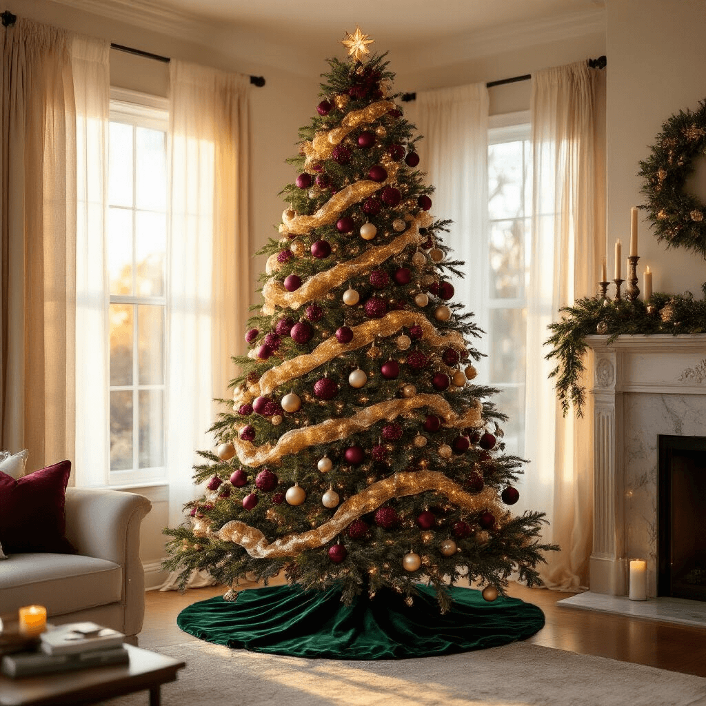 How to Put an Ornament Garland on a Christmas Tree (Without It Looking Like a Hot Mess) A cozy living room at golden hour featuring a beautifully decorated 7-foot Christmas tree with clustered glass baubles, a forest green velvet tree skirt, and a marble fireplace adorned with pine boughs and candles, all bathed in warm amber light.