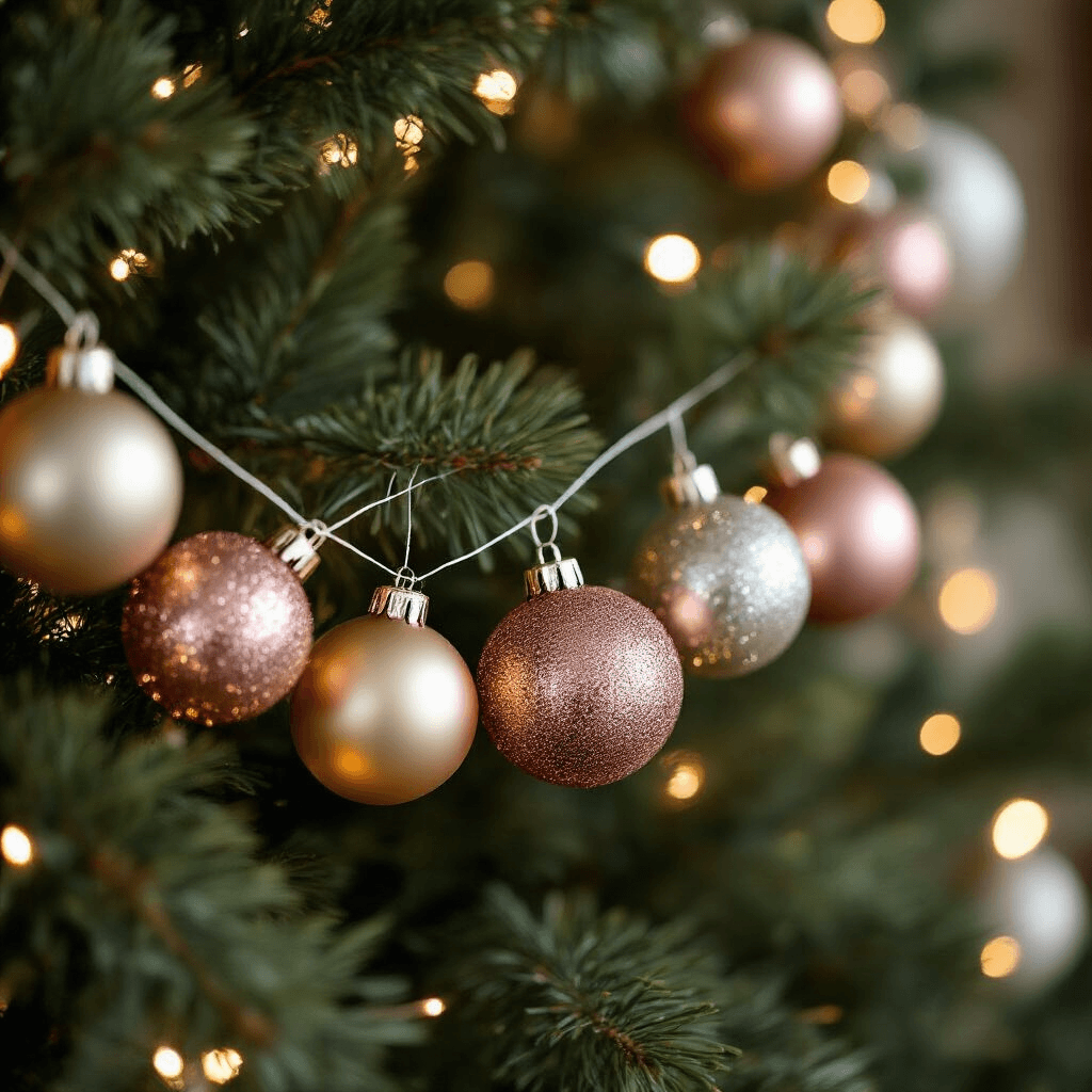 How to Put an Ornament Garland on a Christmas Tree (Without It Looking Like a Hot Mess) Close-up of a Christmas tree garland with polished gold, brushed silver, and glittered rose gold ornament balls reflecting warm fairy lights, set against rich green spruce branches and softly blurred background in cream and blush tones, evoking a luxe minimal, elegant holiday atmosphere.