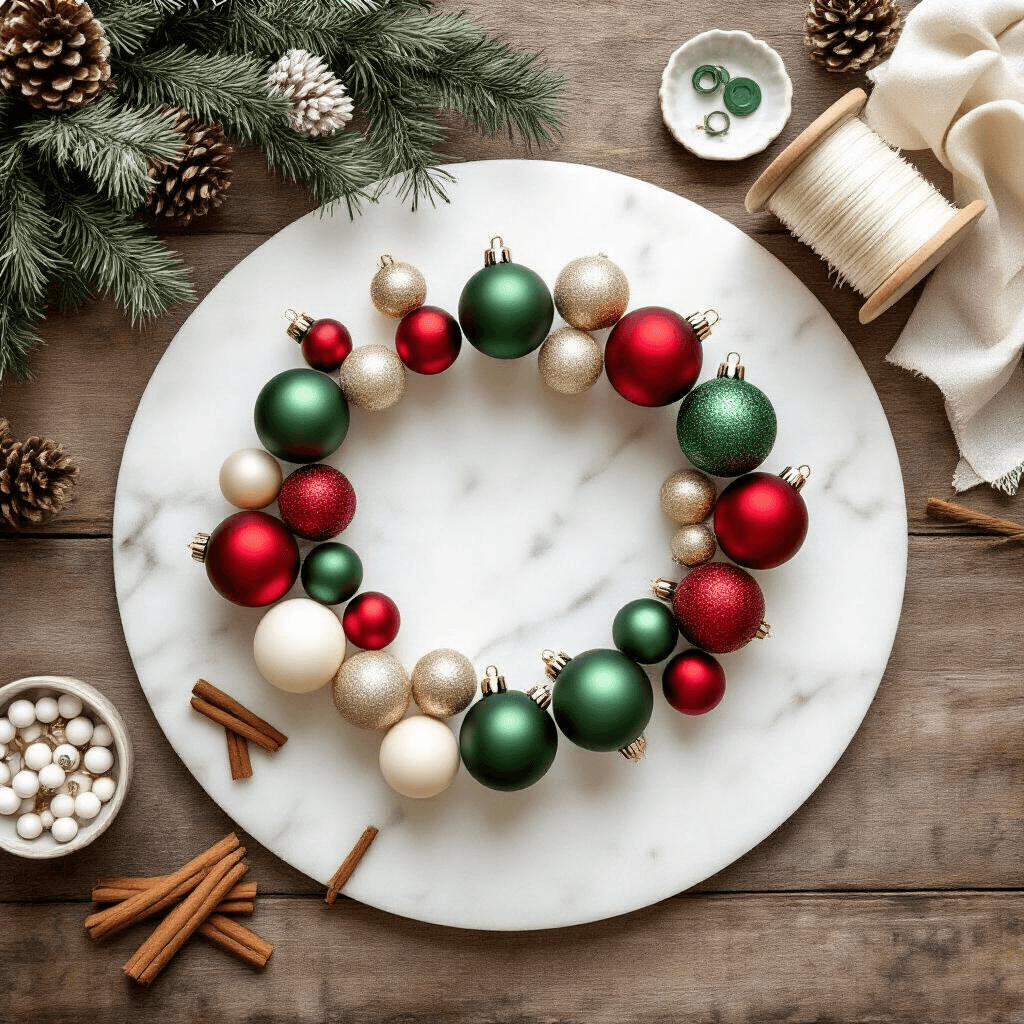 How to Put an Ornament Garland on a Christmas Tree (Without It Looking Like a Hot Mess) A rustic farmhouse dining table styled for a DIY ornament garland crafting station, featuring clusters of Christmas ornament balls, spools of clear fishing line, ivory satin ribbon, green floral wire, craft glue in a small ceramic dish, and scattered pine sprigs and cinnamon sticks, all bathed in soft midday window light.