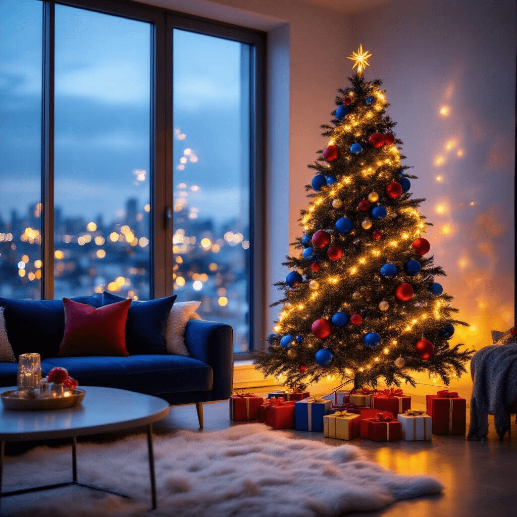 How to Put an Ornament Garland on a Christmas Tree (Without It Looking Like a Hot Mess) Cinematic wide-angle shot of a modern living room at night, featuring a slim contemporary Christmas tree adorned with bold primary color ornaments and garlands, surrounded by plush navy cushions and a sheepskin rug, with city lights bokeh visible through floor-to-ceiling windows.
