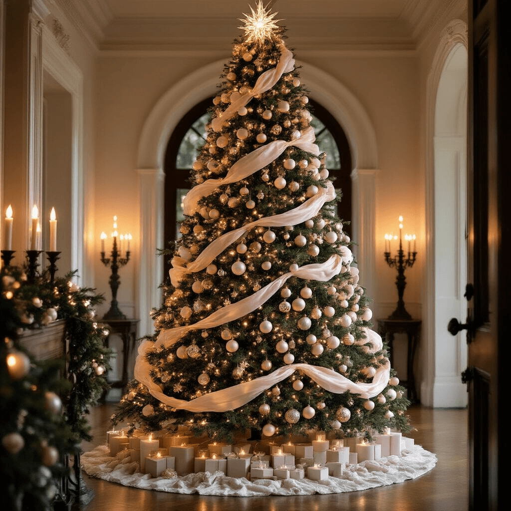 How to Put an Ornament Garland on a Christmas Tree (Without It Looking Like a Hot Mess) A grand entryway featuring a 9-foot Christmas tree adorned with blush pink, pearl white, and antique gold garland, loosely draping and layered with crystal drop ornaments. Candlelight flickers from a wrought iron candelabra, illuminating the sheer ivory ribbon woven through the tree, creating a luxurious and romantic atmosphere.